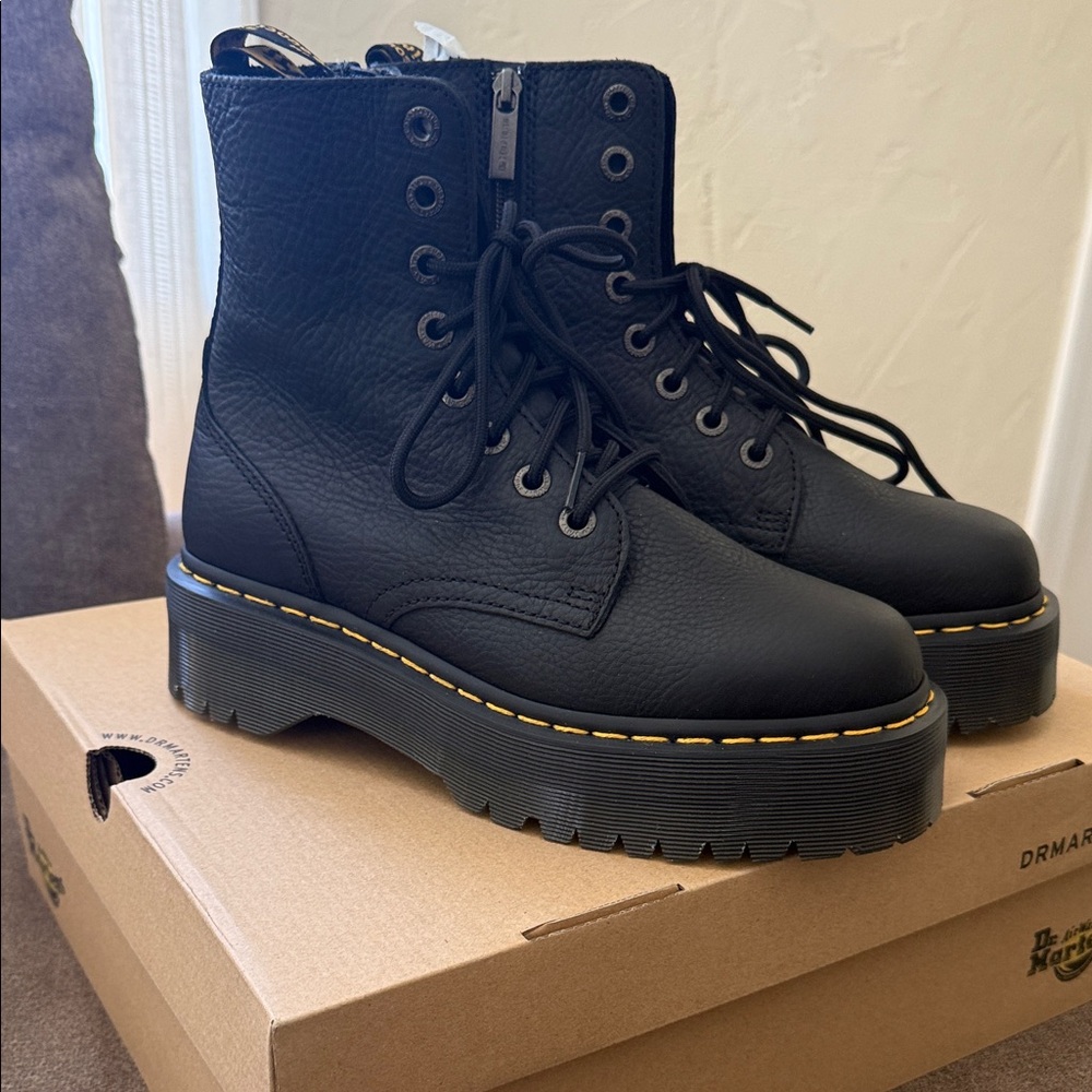 Dr. Martens Black Leather Platform Lace-Up Boots with Yellow Stitching